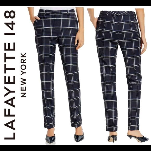 Lafayette 148 NWOT New York Navy Clinton Plaid check Straight Leg Dress Pants 8
